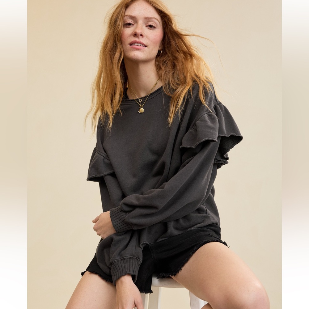 EUC Aerie Ruffle Sleeve 100% Cotton Sweatshirt | Women’s Small OVERSIZED 23” PTP - Picture 14 of 16